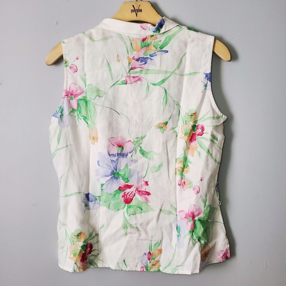 Vintage Linen Cottagecore Floral Sleeveless Button Down Blouse Top - Picture 5 of 6